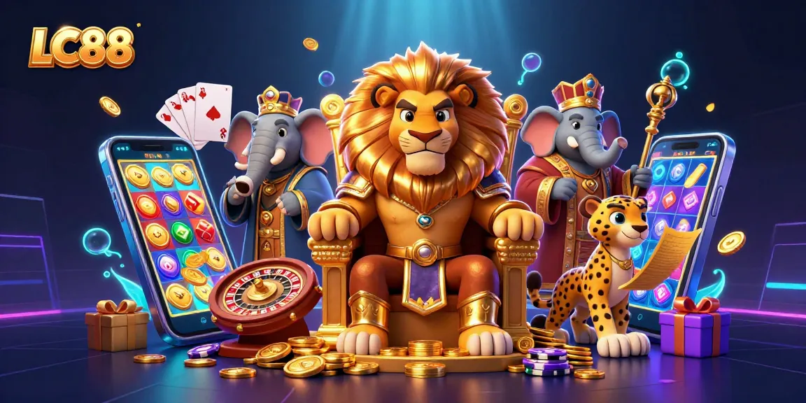Experience the thrilling offerings of LC88 as a lion king reigns over a vibrant casino scene.