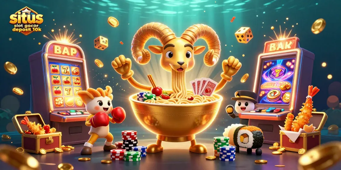 Situs slot gacor deposit 10k images showcasing a vibrant 3D illustration featuring a golden ramen bowl dealer, surrounded by dazzling casino elements.