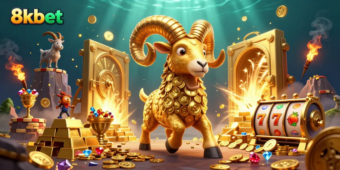 Experience the excitement of 8kbet with the golden ram charging through a treasure-filled casino.