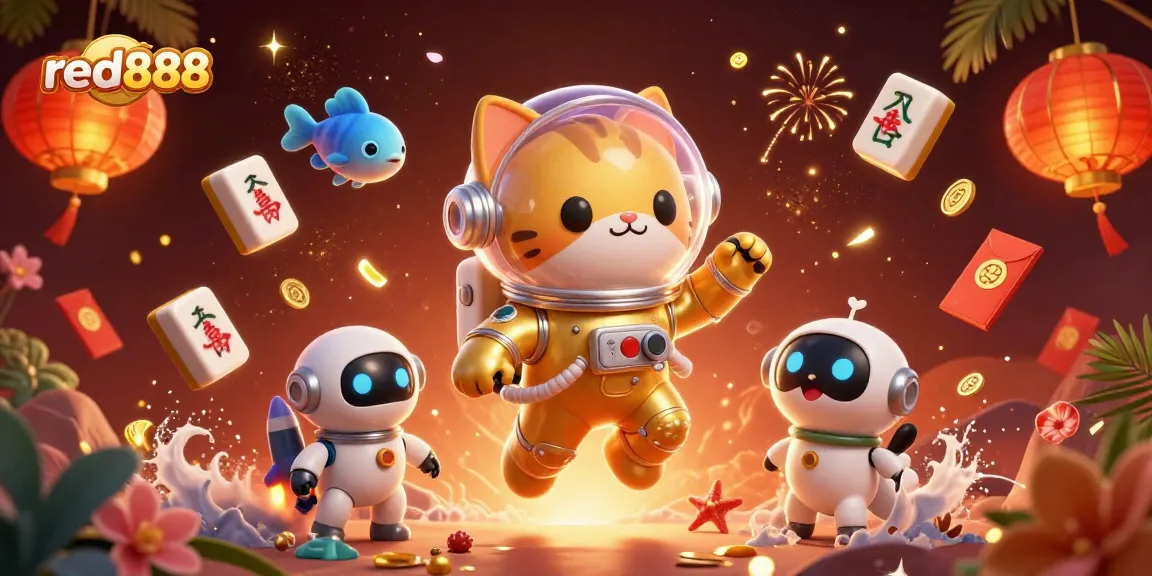 Join the cosmic adventure at red888, where the astronaut cat and robot dog explore gold-infused games.