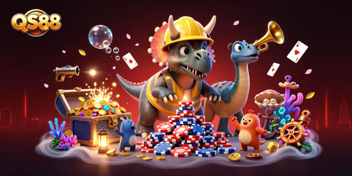 Experience the excitement at QS88 with a lively illustration of a triceratops building poker chips among vibrant casino elements.