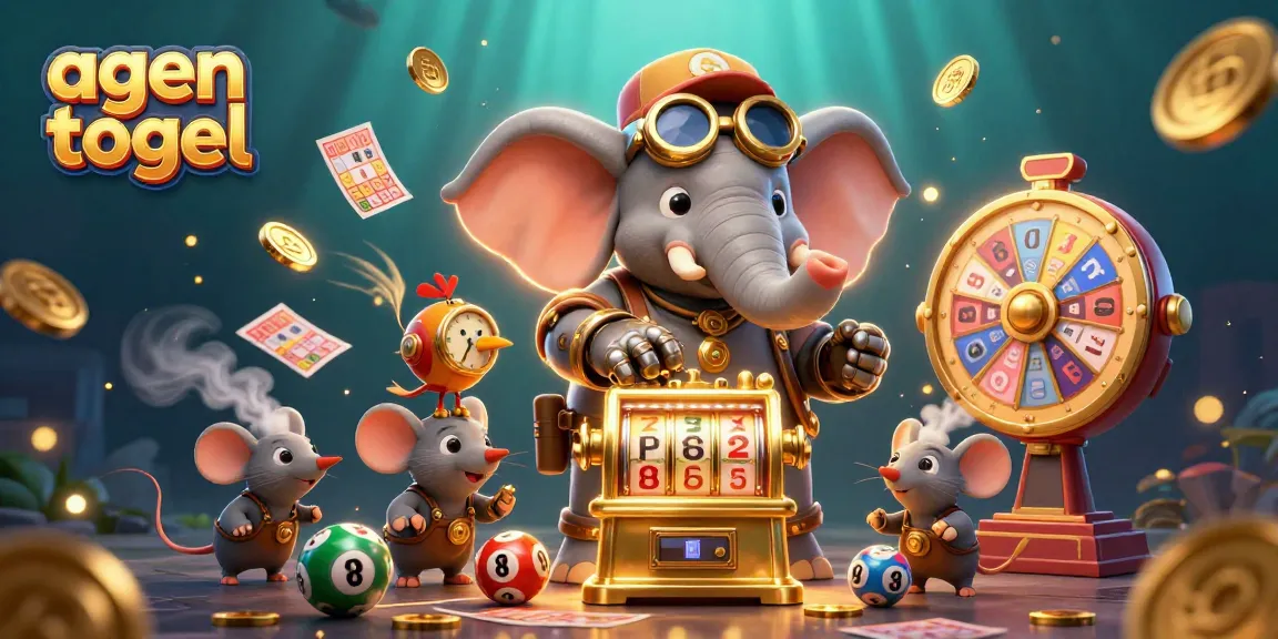 A vibrant 3D illustration showcasing an agen togel scene with a steampunk elephant, lottery balls, and gold coins flying in dynamic motion.
