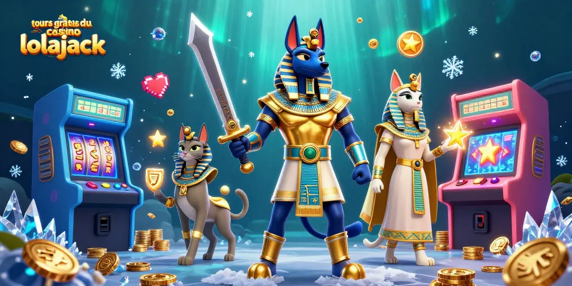 Experience thrill with tours gratuits du casino lolajack, featuring Anubis and Bastet in a dynamic casino illustration.