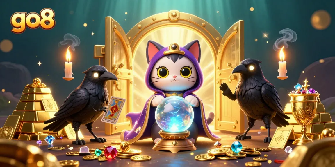 Experience the magic of go8 with a fortune teller cat and a raven in an elaborate casino world.