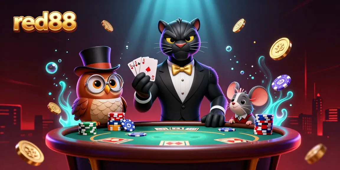 Experience thrilling poker action with red888 in an elegant casino illustration featuring lively characters.