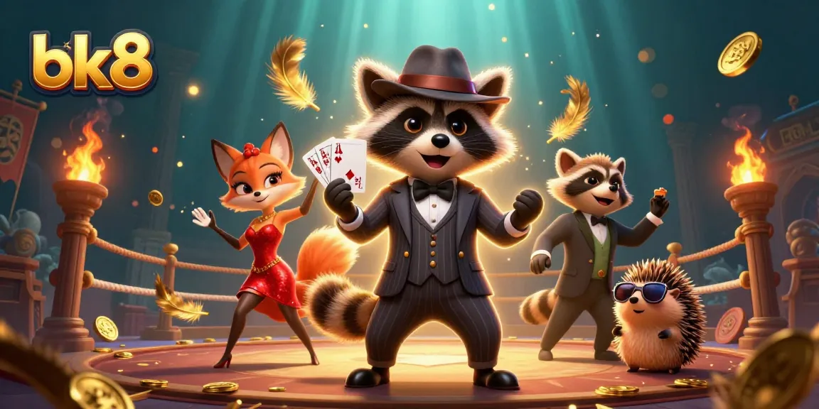 Place bets at bk8 with the suave raccoon, fox lady, and hedgehog bouncer in a vibrant casino scene.