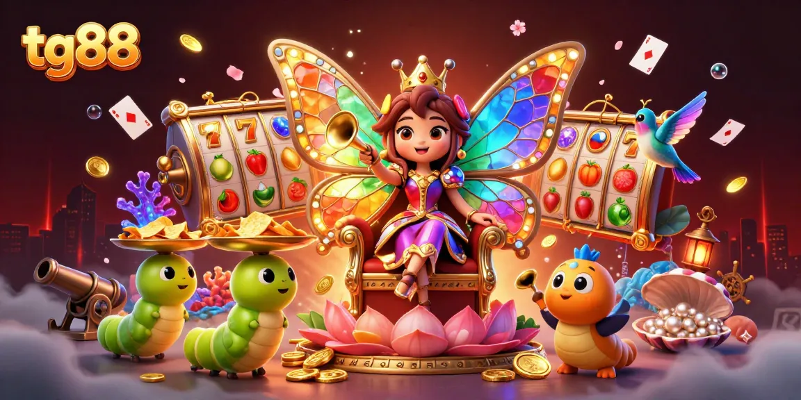 Experience thrilling gaming with tg88 as a vibrant butterfly queen presides over a bustling casino kingdom.