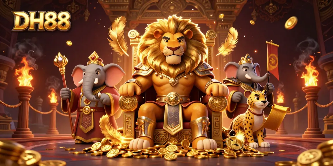 Engage in action-packed gambling adventures with DH88, featuring a majestic lion king and dynamic casino themes.