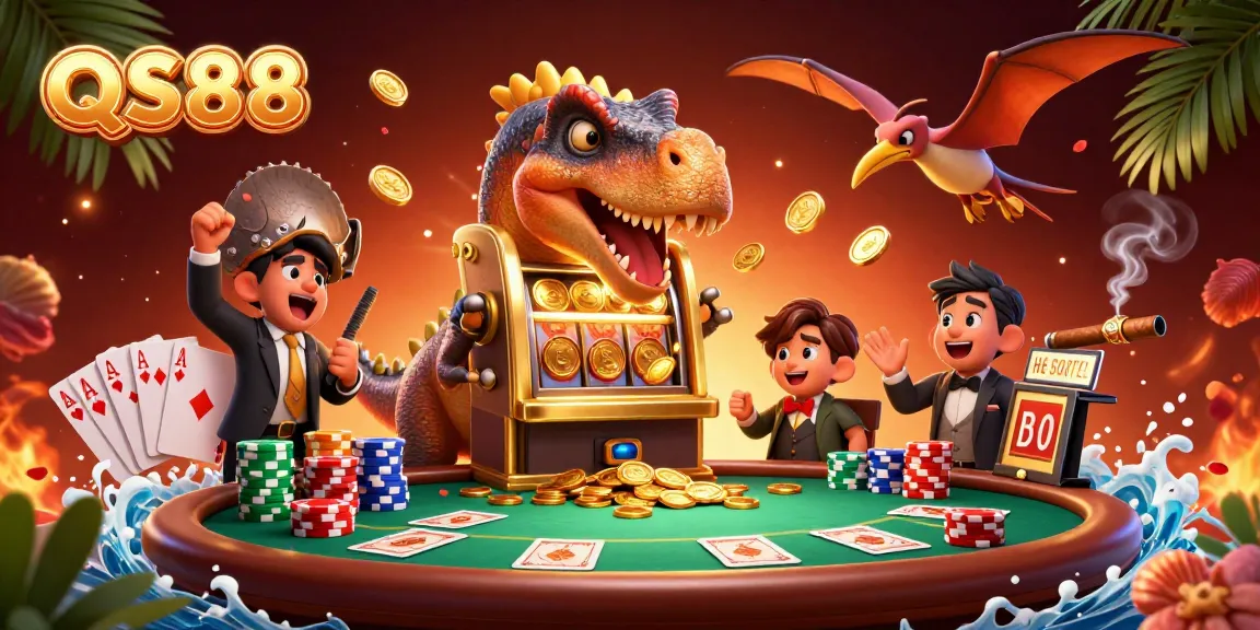 Experience the excitement of QS88 as a pachycephalosaurus wins jackpots while playful characters create a vibrant casino scene.