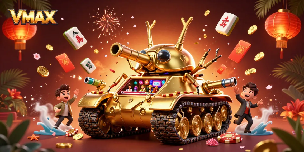 Experience the vibrant VMAX casino atmosphere with a golden beetle tank and lively gaming elements.