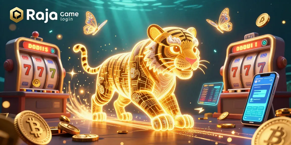 Engage with Raja game login featuring a neon-wireframe tiger amidst dynamic slot elements and crypto elements.