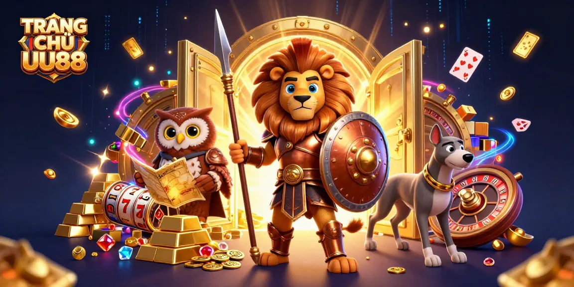 Engage in immersive gaming at TRANG CHỦ UU88 with vibrant graphics showcasing casino elements like slots and roulette.