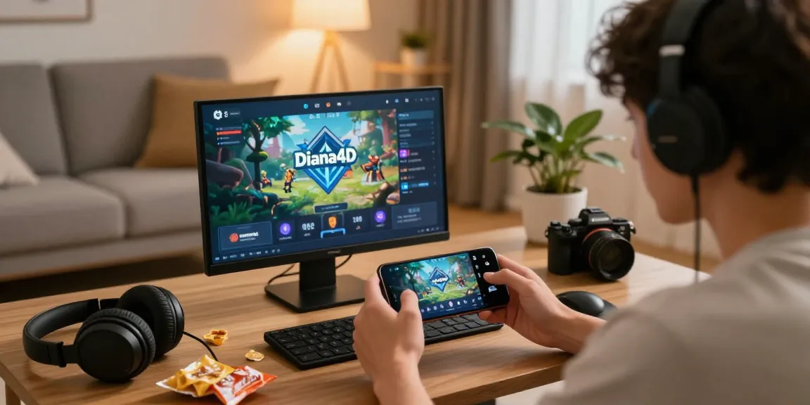 Pengguna menjalankan aplikasi diana4d dalam suasana santai dengan aksesori permainan di sekitarnya.