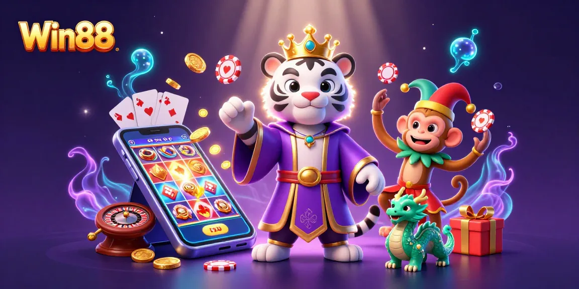 Engaging Win88 illustration featuring a tiger, monkey, and dragon within a casino scene.