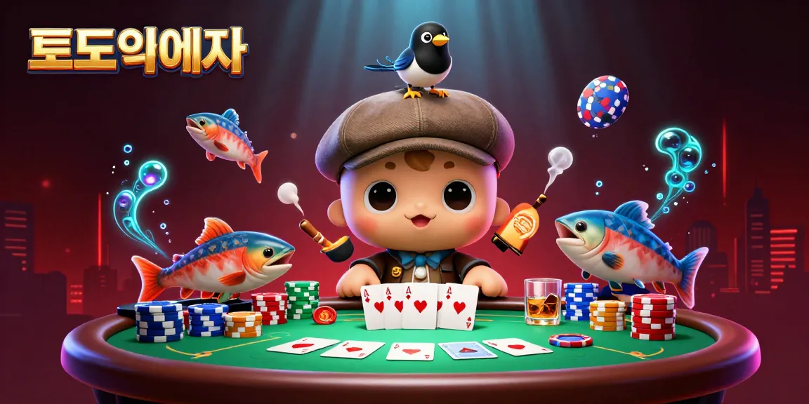 Interact with the cute cartoon Nessie and magpie, exploring 토토사이트 features on a vibrant poker table.