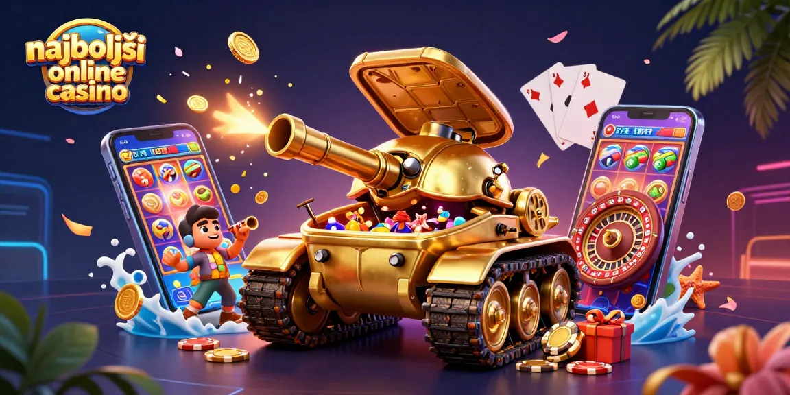 Najboljši online casino z 3D ilustracijo masivnega zlatega tankovskega hrošča, ki razkriva mini casino.