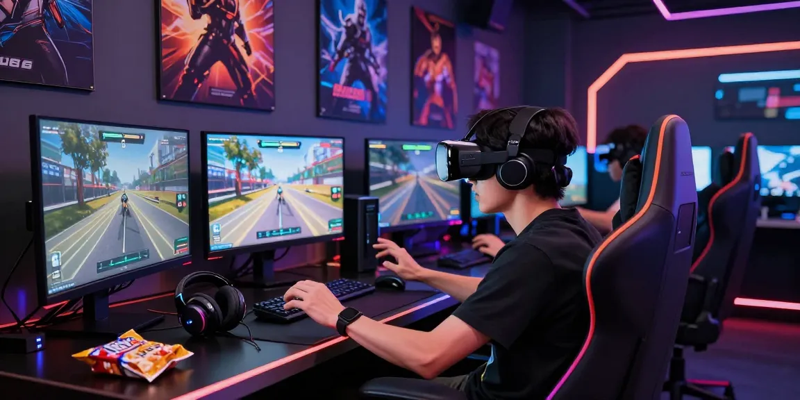 Engaged gamer playing PAKDE4D on VR headset in a colorful gaming environment.