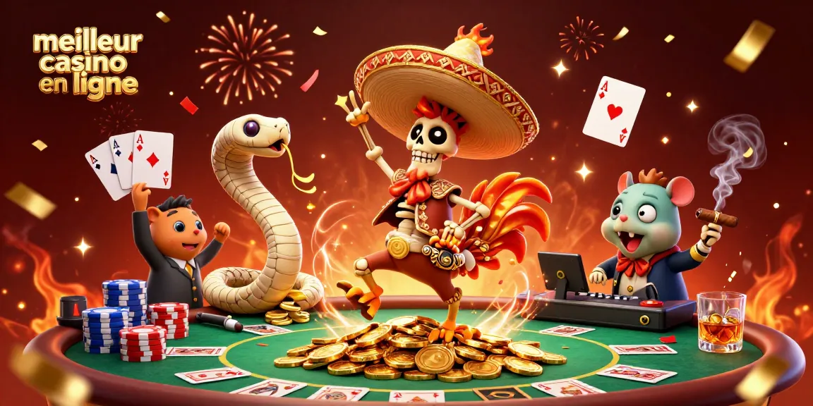Une scène festive de "meilleur casino en ligne" avec un rooster mariachi et un DJ hamster dans un casino vibrant.