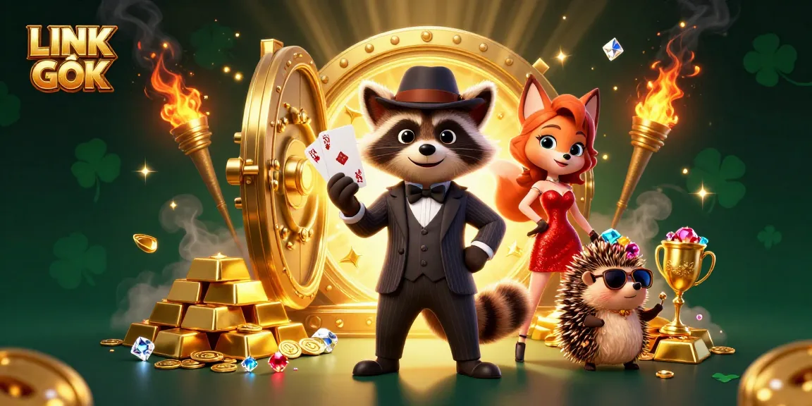 Experience top betting action with LINK GỐC, featuring a raccoon in a suit, a fox, and a hedgehog among treasures.