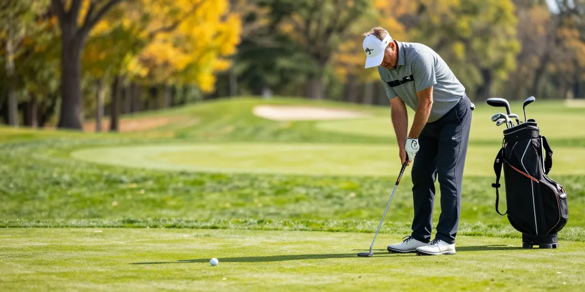 Pemain golf menggunakan putter dari https://puttperfection.com/putter-reviews di lapangan golf yang hijau dan cerah.