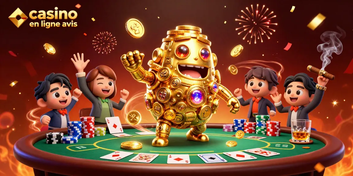 Profitez de l'avis sur le casino en ligne avec notre illustration de golem doré et éléments de poker.