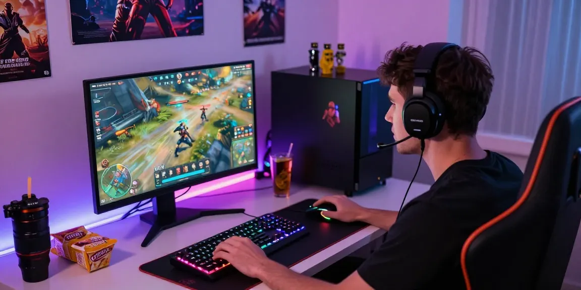 Gamer fully immersed in raja328 gaming setup with vibrant colors and high-tech gear.