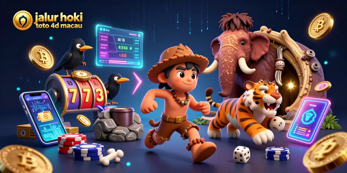 Bet on jalur hoki toto 4d macau in a vibrant prehistoric casino scene filled with energetic characters and elements.