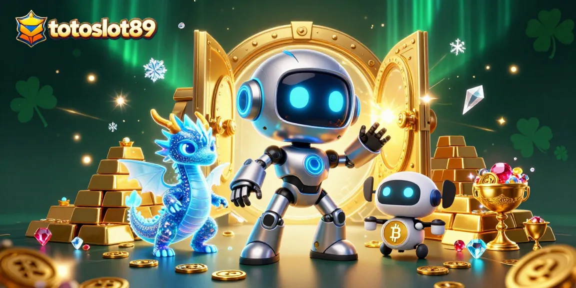 Spin to win at totoslot89 featuring a cyberpunk robot and treasures in a dazzling casino scene