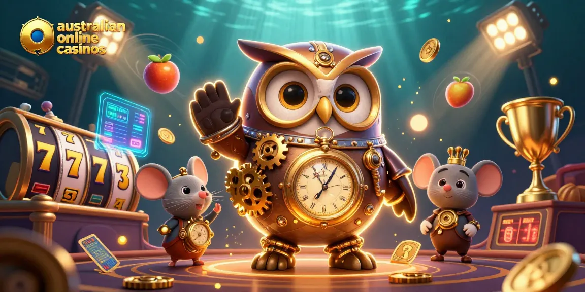 Experience thrilling action with australian online casinos showcasing a time-traveler owl amid dynamic slot reels.