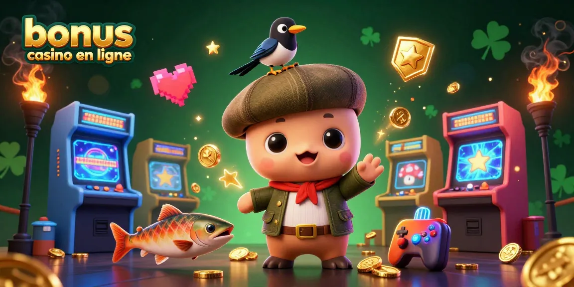 Illustration captivante sur le bonus casino en ligne avec Nessie, un merle et des saumons en tartan.