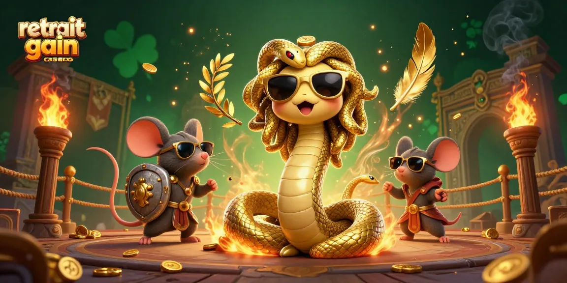 Retrait gain casino : illustration dynamique avec Medusa et un souris guerrier en arrière-plan de casino 2026.
