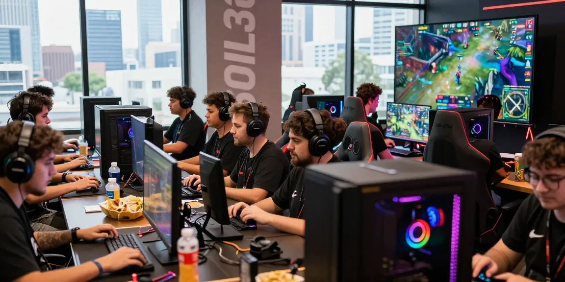 GOKIL33 acara gaming dengan penggemar bermain di komputer RGB, meriah dan penuh energi.