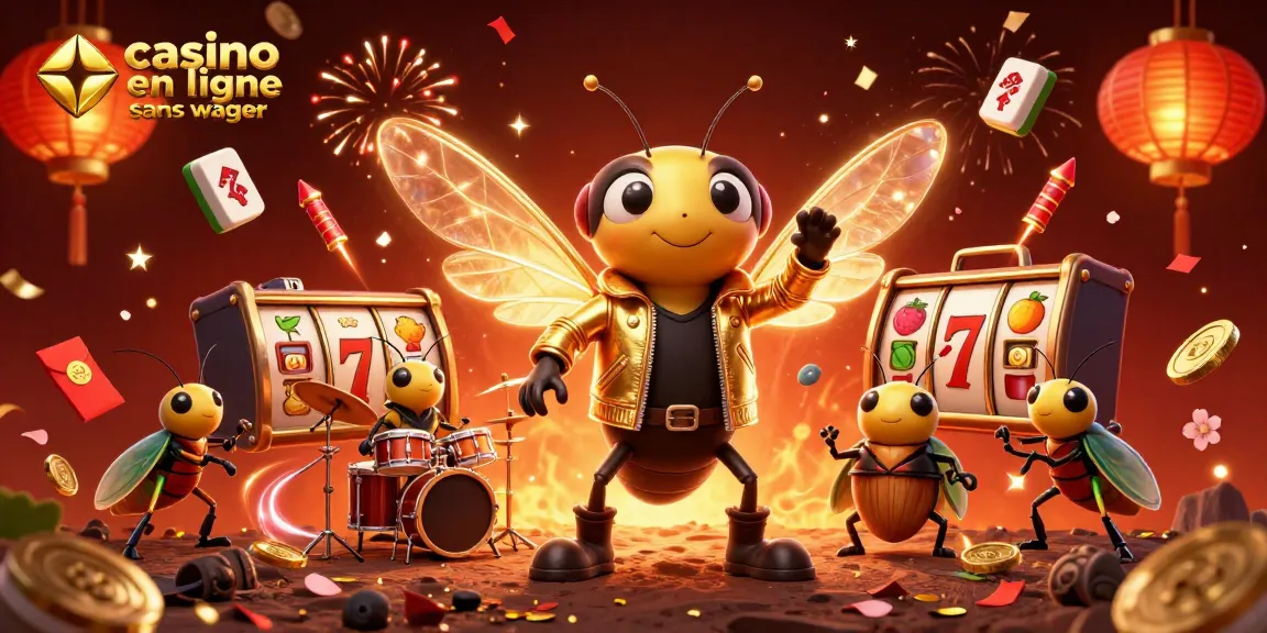 Illustration dynamique représentant une star du rock cicada et une batterie en jouant dans un casino en ligne sans wager.