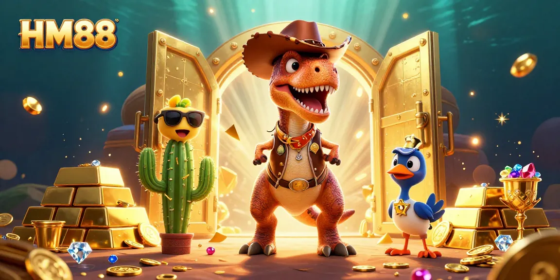 HM88 captivates players with a vibrant 3D cartoon scene featuring a T-Rex, cactus, and roadrunner amidst treasure.