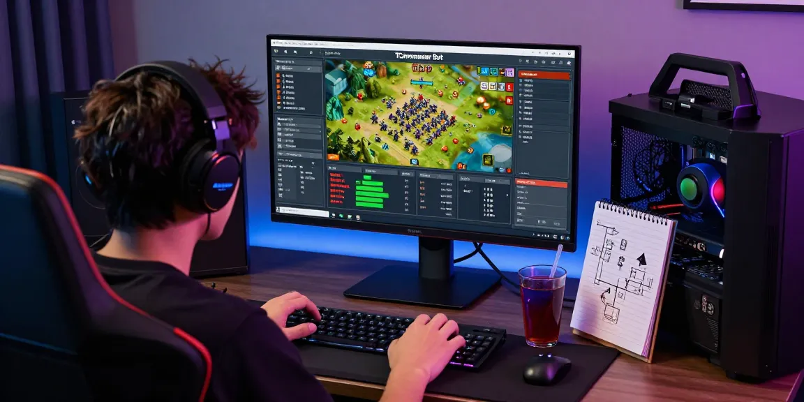 Player utilizing the travian bot TCommander Bot for automated gaming strategies, showcasing a vibrant gaming workspace.