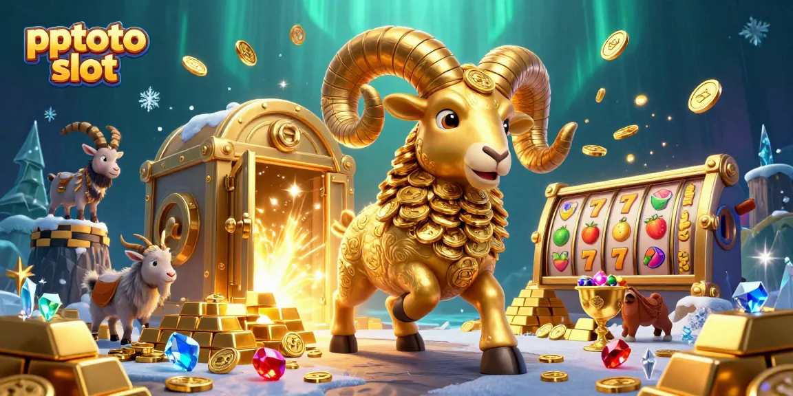 Pint-sized brown goat engages in a thrilling gameplay experience at pptoto slot, amidst cascading riches and vibrant treasures.