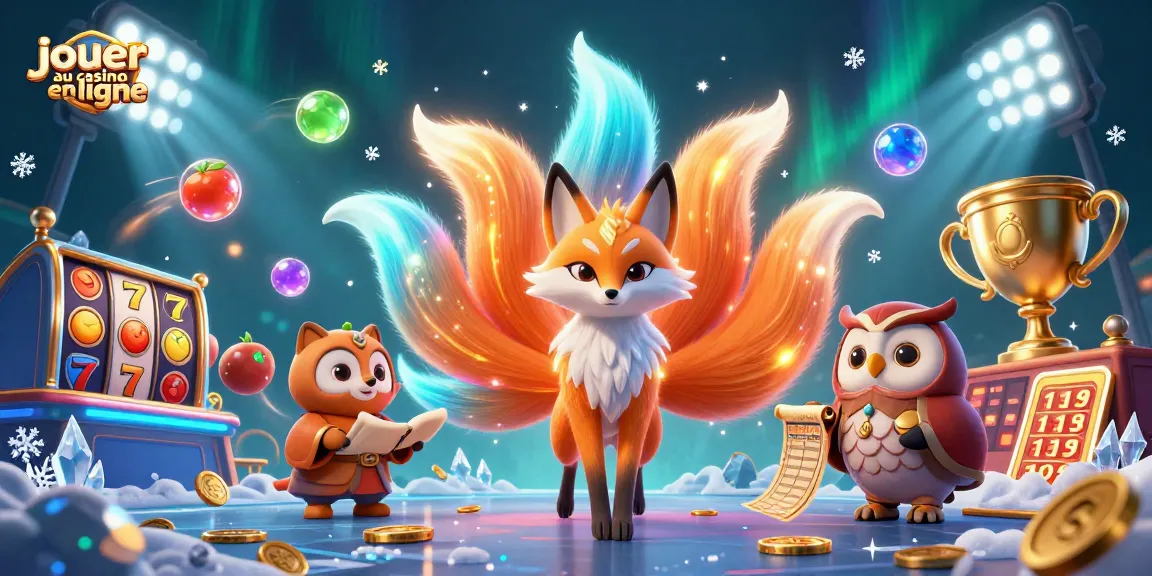 Jouer au casino en ligne avec une illustration mettant en scène un renard à neuf queues colorées et un hibou sage.