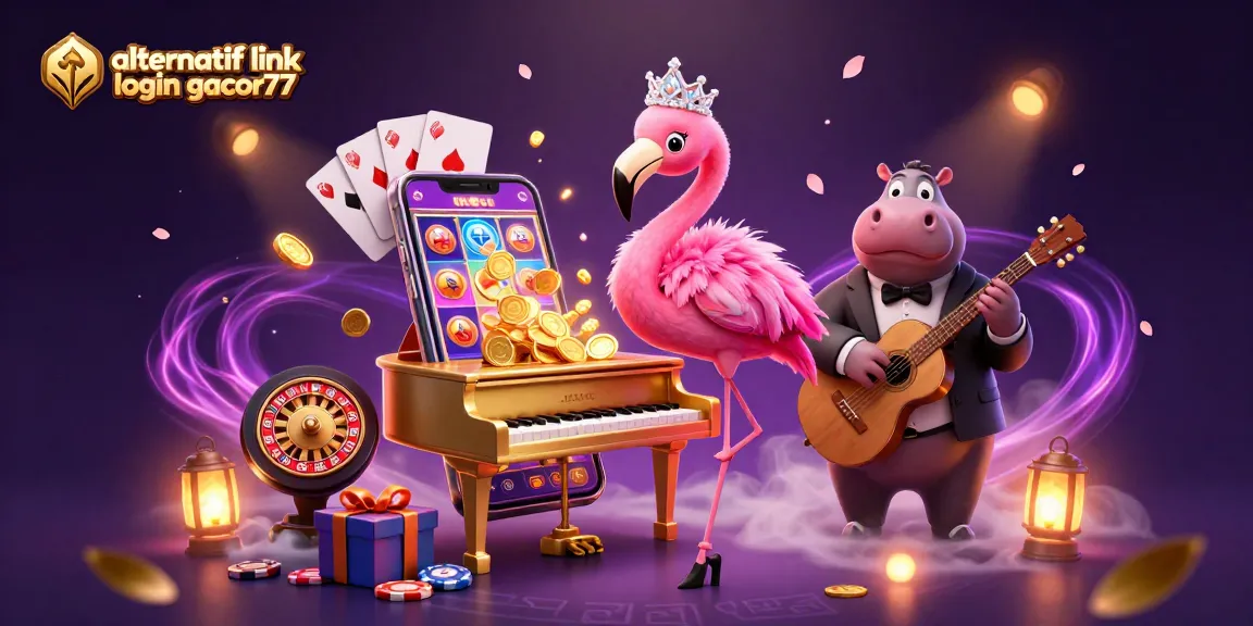 Catch the excitement of alternatif link login gacor77 with a vibrant casino scene featuring unique characters and game elements.