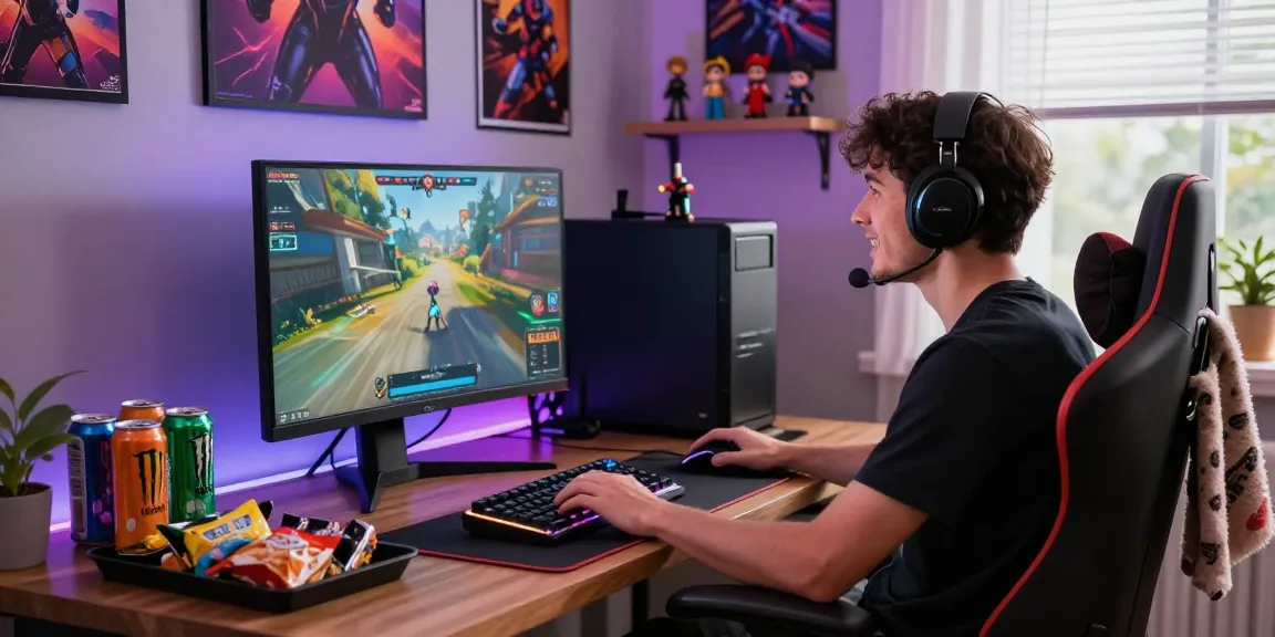Gamer enjoying immersive gaming experience at 7meter with vibrant setup and gaming peripherals.