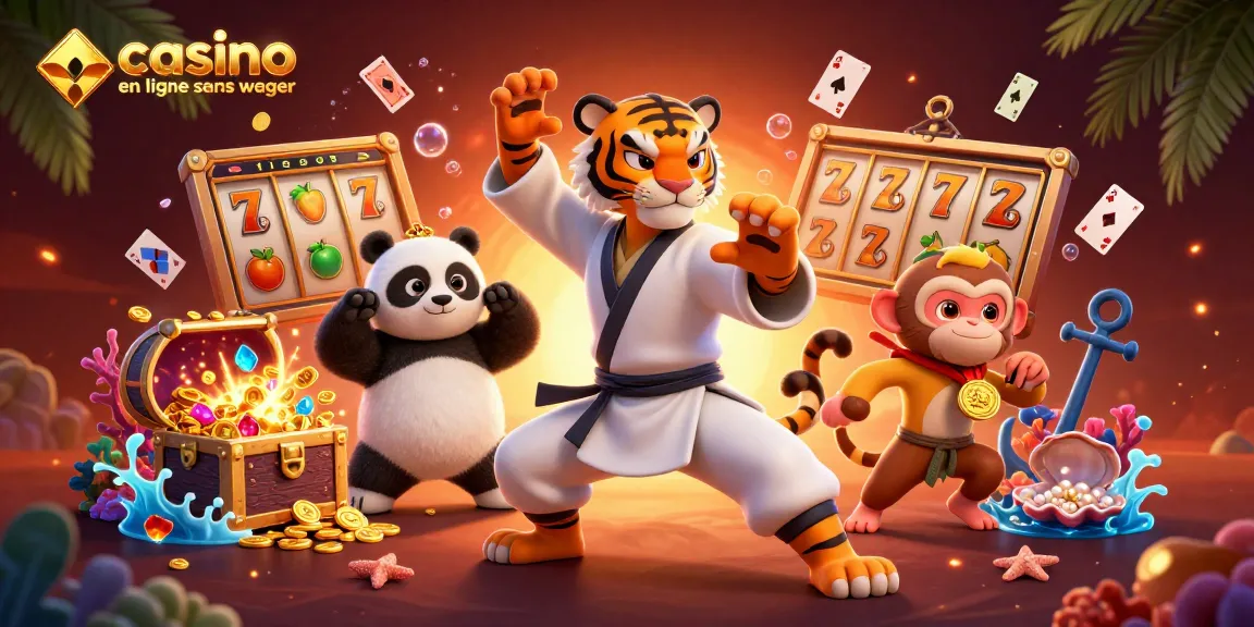 Casino en ligne sans wager : un tigre, un panda et un singe entourés de riches éléments de jeu.