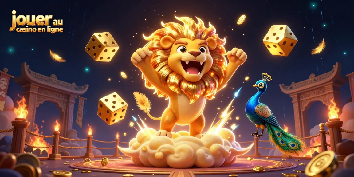 Jouez au casino en ligne avec cette illustration 3D captivante présentant un lion solaire et dés dorés.