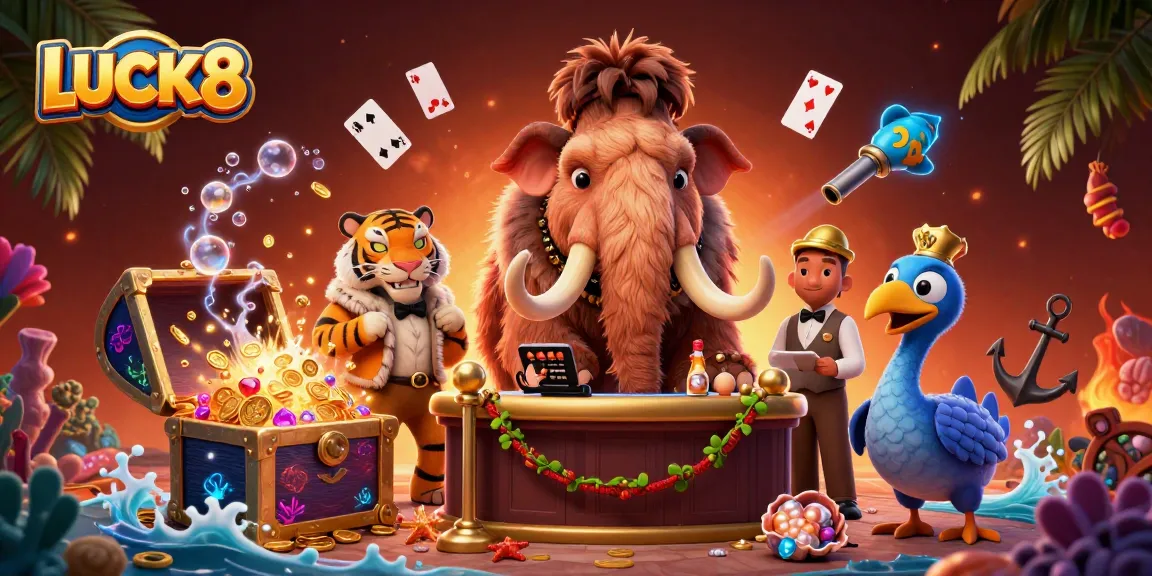 Experience the thrilling atmosphere of LUCK8 with our 3D cartoon casino bouncer and vibrant gaming elements.