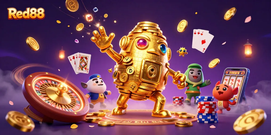 Experience the thrill of Red88 with dynamic golden golem and casino elements in a vibrant scene.
