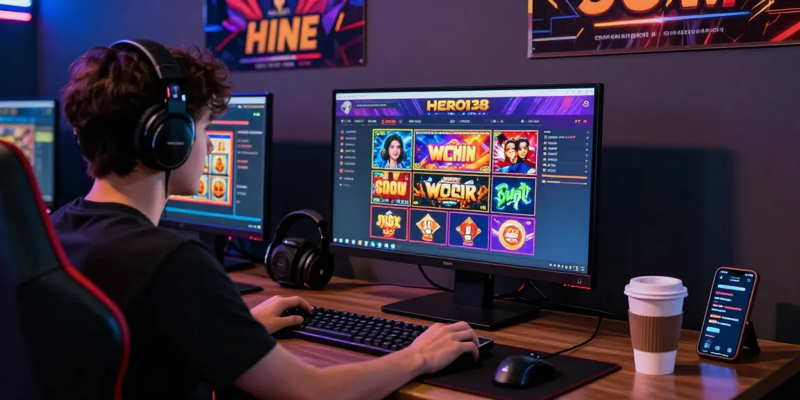 Online gaming experience with hero138 platform, user engaged and focused at desk with gaming gear.
