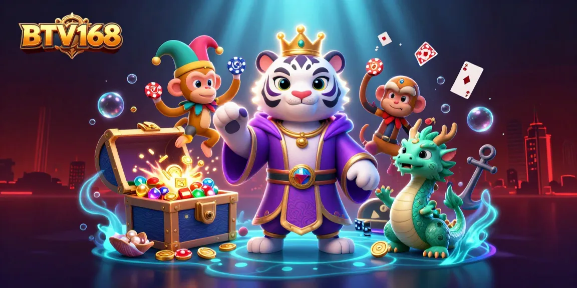 Engage with BTV168 at an exciting casino scene featuring vibrant characters and dynamic gaming elements.