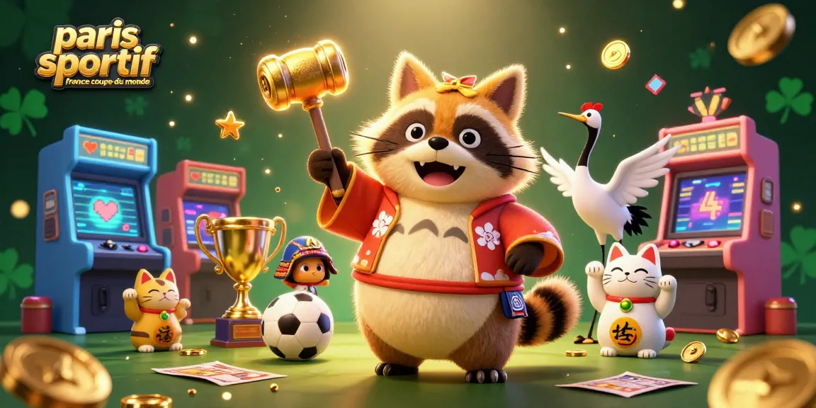 Actions de paris sportif France pour la Coupe du Monde présentées avec un tanuki chanceux et des ballons.