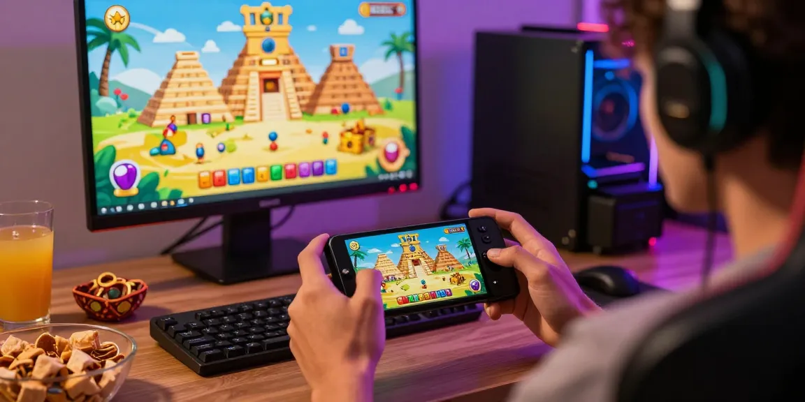 User playing Aztec Gems on mobile device in a dynamic gaming setup with vibrant graphics