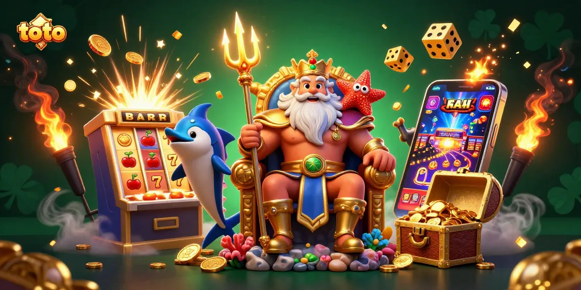 Menghasilkan jackpot besar dalam permainan toto dengan ilustrasi raja laut dan simbol kasino yang penuh warna.