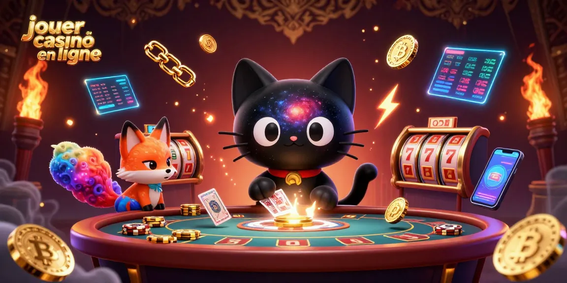 Jouer au casino en ligne avec un chat noir gravitationnel et son compagnon dans une illustration 3D captivante.
