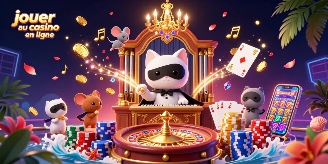 Jouer au casino en ligne avec un chat blanc masqué et des pièces en or flottantes.